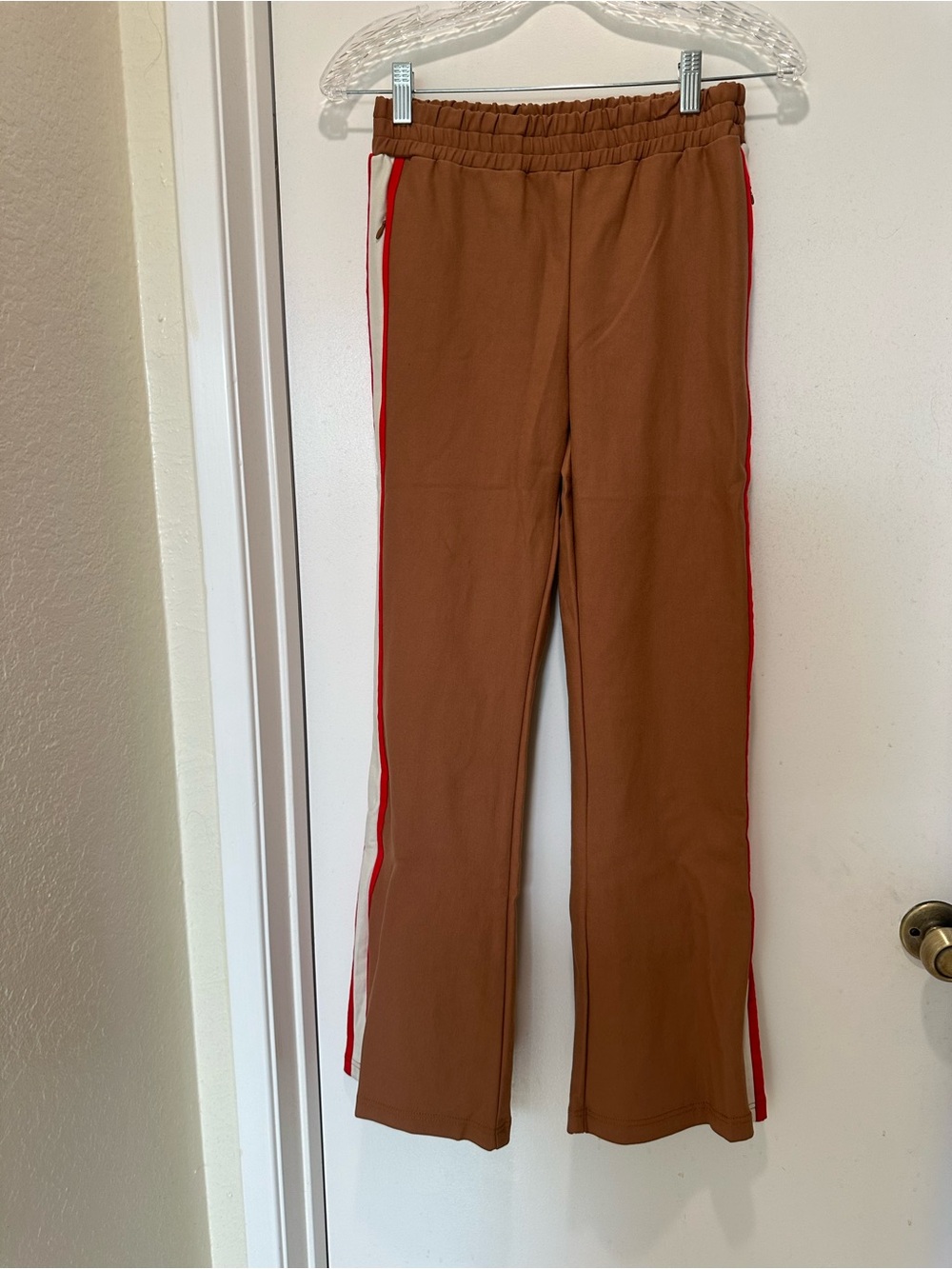 Maeve Anthropologie Martine Ponte Track Trousers Small Tan w Red/White Side